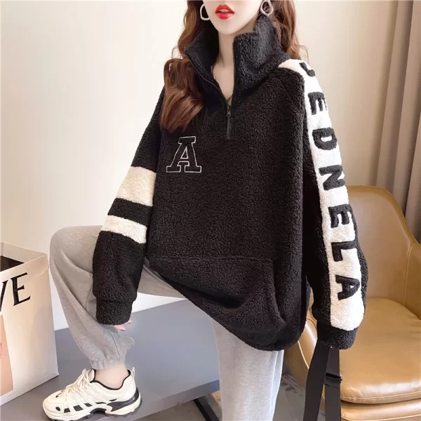Vintage Lamb Wool Sweatshirt Women Embroidery Letter Hoodies Winter Warm Fleece Coat Women Fashion Oversized Baseball Streetwear - Image 5