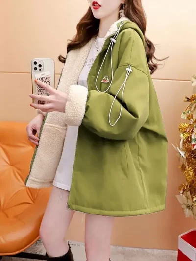 Lamb Wool Hooded Coat Reversible Baseball Jacket Women Autumn Winter Thicken Cardigan Hoodie Plush Warm Coats Loose Y2k Clothes