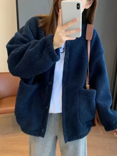 Winter Warm Coat Casual Women's Sweatshirt Harajuku Soft Warm Fashion Solid Pocket Button Baseball Coat Korean Loose Coat 2023