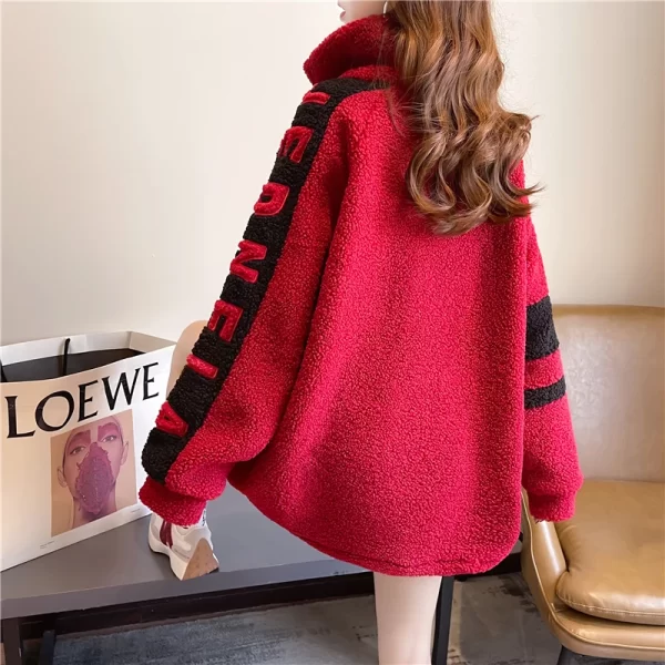 Vintage Lamb Wool Sweatshirt Women Embroidery Letter Hoodies Winter Warm Fleece Coat Women Fashion Oversized Baseball Streetwear - Image 2
