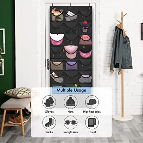 Baseball Hat Rack 24 Pockets Storage Bag Ballcap Display Holder  Wall Mount Hang Holder With Hooks Hat Organizer Over The Door - Image 5