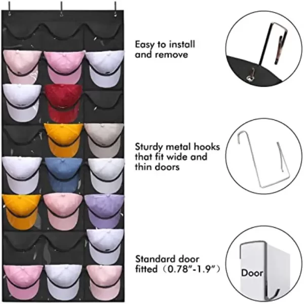 Baseball Hat Rack 24 Pockets Storage Bag Ballcap Display Holder  Wall Mount Hang Holder With Hooks Hat Organizer Over The Door - Image 4