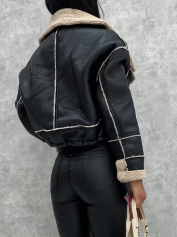 Women winter jacket Long sleeve zipper warm short coat Plush splicing deerskin jacket with pockets - Image 4