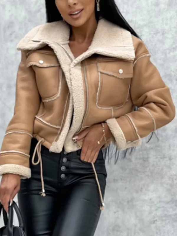 Women winter jacket Long sleeve zipper warm short coat Plush splicing deerskin jacket with pockets - Image 2